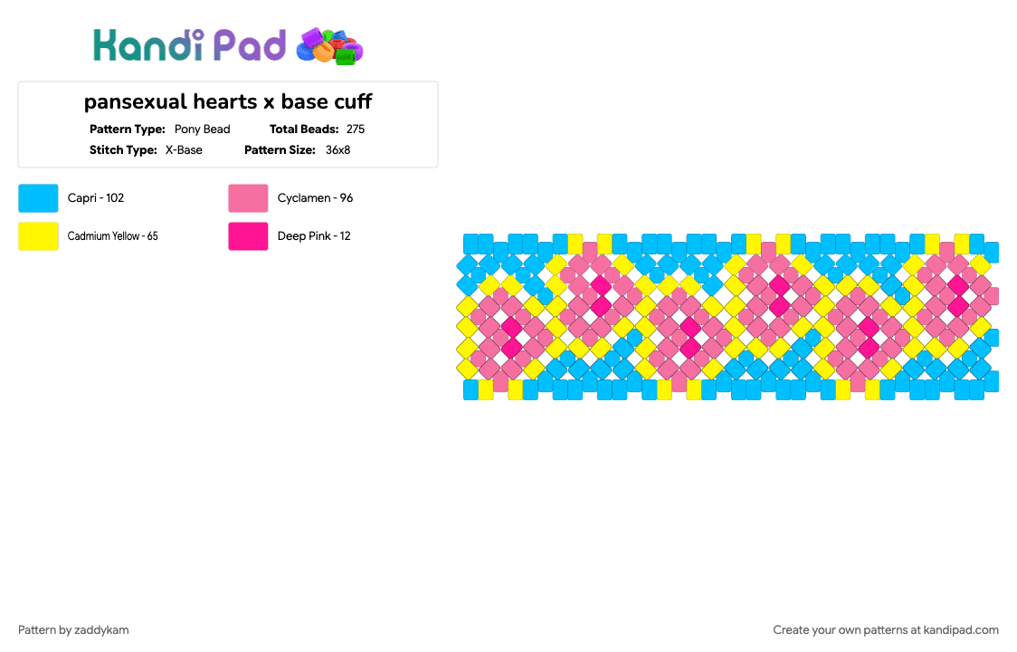 pansexual hearts x base cuff - Pony Bead Pattern by zaddykam on Kandi Pad - cuff pattern, cuffs, hearts, light blue, pan, pansexual, pink, pride, xbase