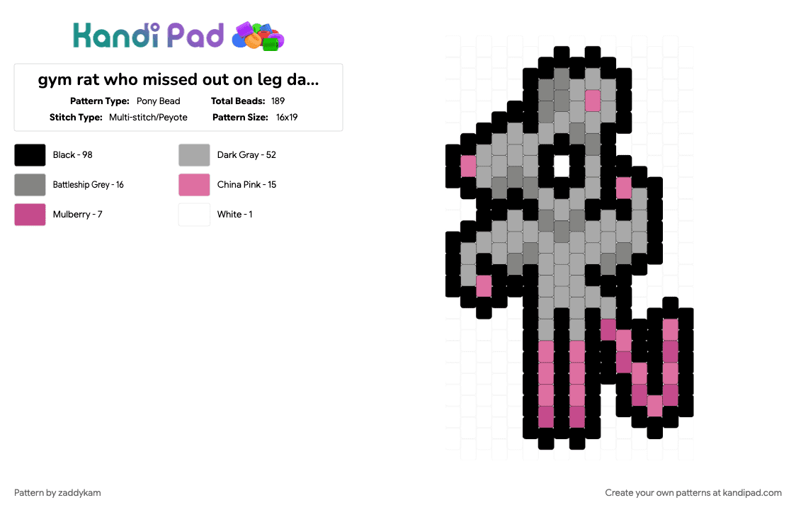 gym rat who missed out on leg day peyote charm - Pony Bead Pattern by zaddykam on Kandi Pad - beige, black, charm, mouse, peyote, peyote stitch, rat