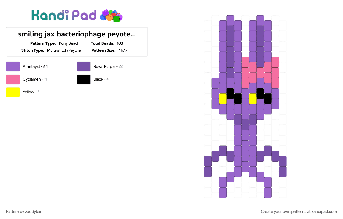 smiling jax bacteriophage peyote charm - Pony Bead Pattern by zaddykam on Kandi Pad - bacteria, bacteriophage, charm, jax, peyote, peyote stitch, purple, tadc, tadc jax