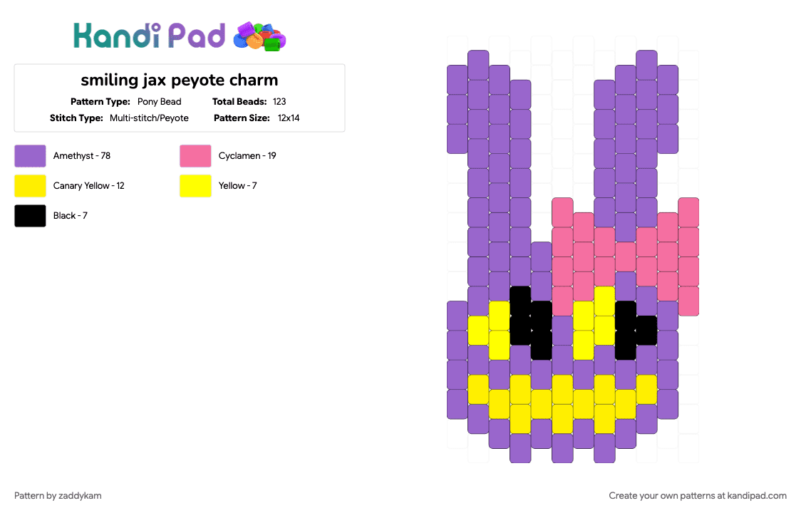 smiling jax peyote charm - Pony Bead Pattern by zaddykam on Kandi Pad - character, charm, peyote, peyote stitch, purple, tadc, tadc charm, tadc jax