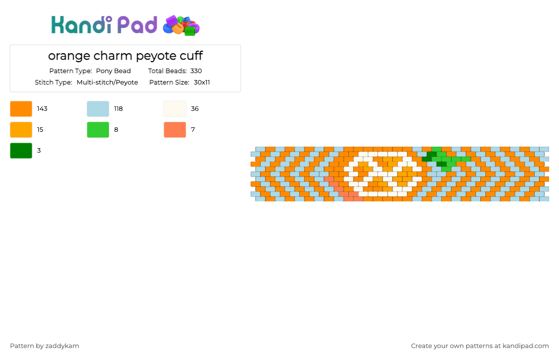 orange charm peyote cuff - Pony Bead Pattern by zaddykam on Kandi Pad - orange,light blue,peyote,peyote cuff,orange charm,fruit,stripe,blue