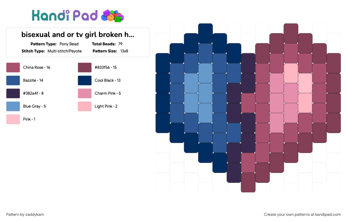 bisexual and or tv girl broken heart peyote charm / panel - Pony Bead Pattern by zaddykam on Kandi Pad - bisexual, blue, broken heart, charm, heart, panel, peyote, pink, tv girl