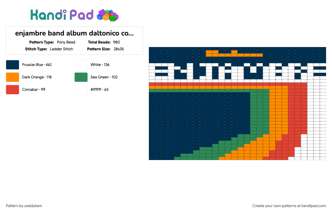 enjambre band album daltonico cover ladder stitch charm - Pony Bead Pattern by zaddykam on Kandi Pad - album cover, band, blue, charm, enjambre, ladder stitch, panel, square stitch