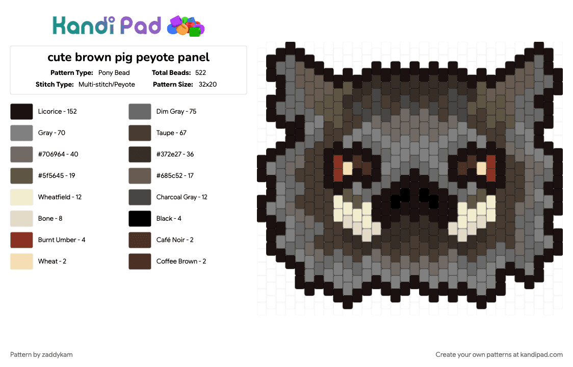 cute brown pig / hog peyote panel - Pony Bead Pattern by zaddykam on Kandi Pad - animal, brown, charm, gray, hog, panel, peyote, pig, sun wukong, video game