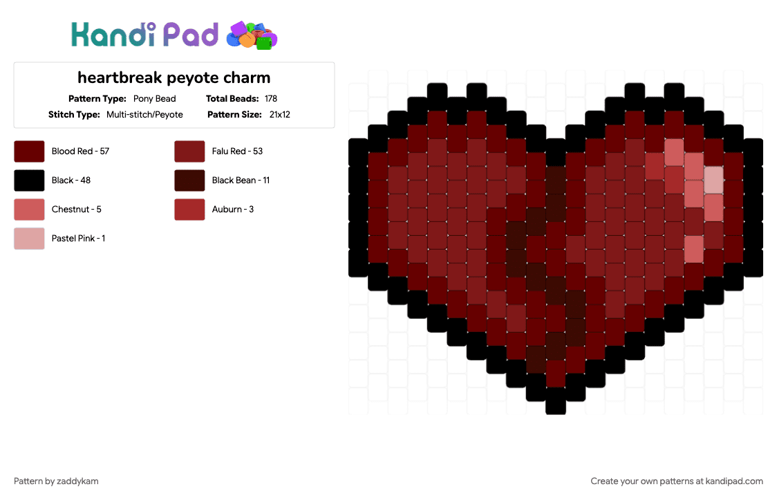 heartbreak peyote charm - Pony Bead Pattern by zaddykam on Kandi Pad - brown, charm, ehe, heart, heartbreak, panel, peyote
