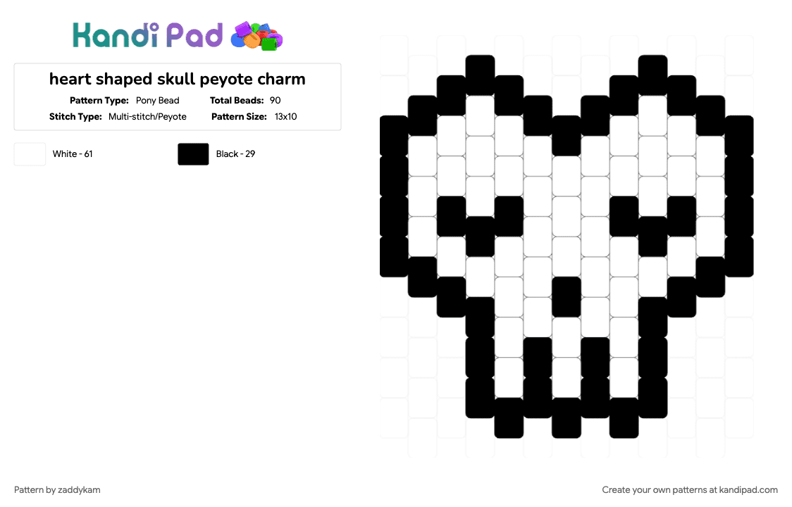 heart shaped skull peyote charm - Pony Bead Pattern by zaddykam on Kandi Pad - black, charm, cute, heart, heartshaped, peyote, peyote stitch, skull, white