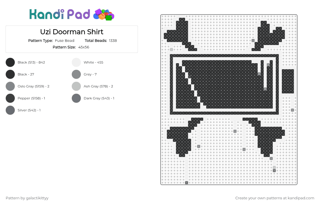 Uzi Doorman Shirt - Fuse Bead Pattern by galactikittyy on Kandi Pad - black, cotdrobots, gray, white