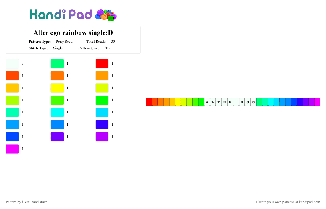 Alter ego rainbow single:D - Pony Bead Pattern by i_eat_kandistarz on Kandi Pad - yellow,green,light blue,purple,red,orange,blue,pink,rainbow