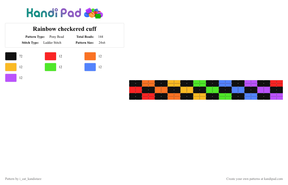 Rainbow checkered cuff - Pony Bead Pattern by i_eat_kandistarz on Kandi Pad - black,orange,red,yellow,green,blue,purple,checkered