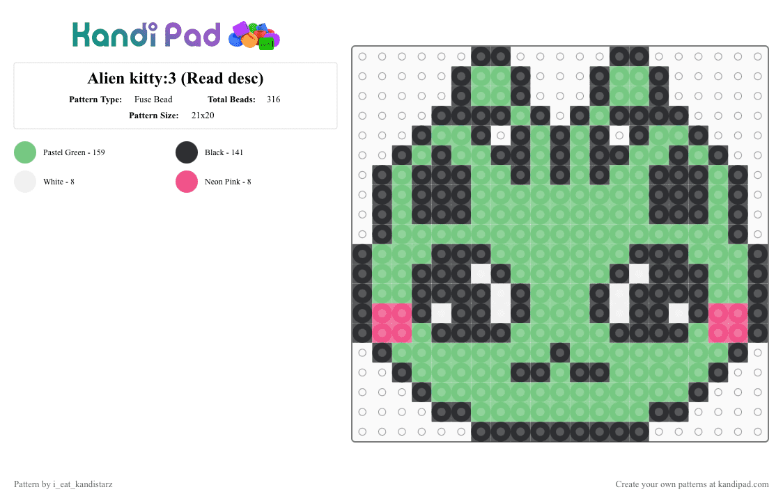 Alien kitty:3 (Read desc) - Fuse Bead Pattern by i_eat_kandistarz on Kandi Pad - teal,cotdaliens,alien,green