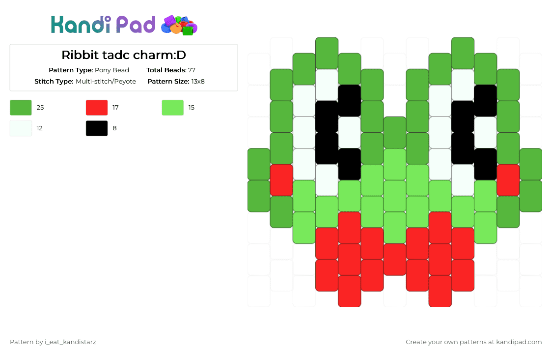Ribbit tadc charm:D - Pony Bead Pattern by i_eat_kandistarz on Kandi Pad - black, green, red, ribbit, tadc, white