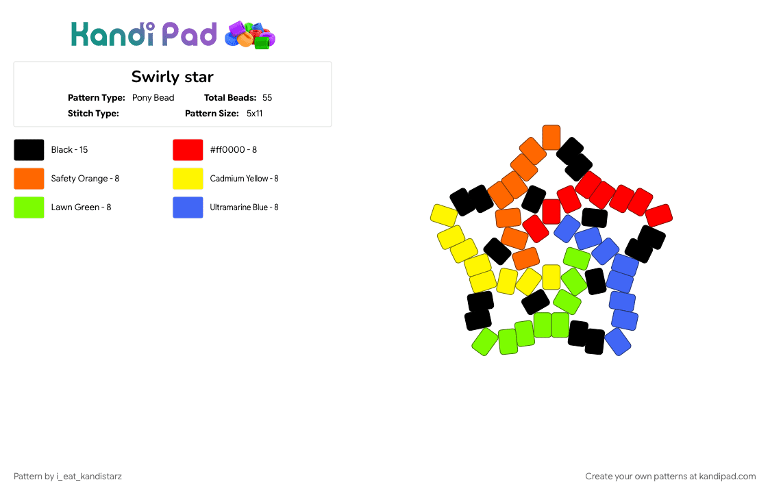 Swirly star - Pony Bead Pattern by i_eat_kandistarz on Kandi Pad - black, blue, colorful, green, orange, rainbow, red, star, yellow