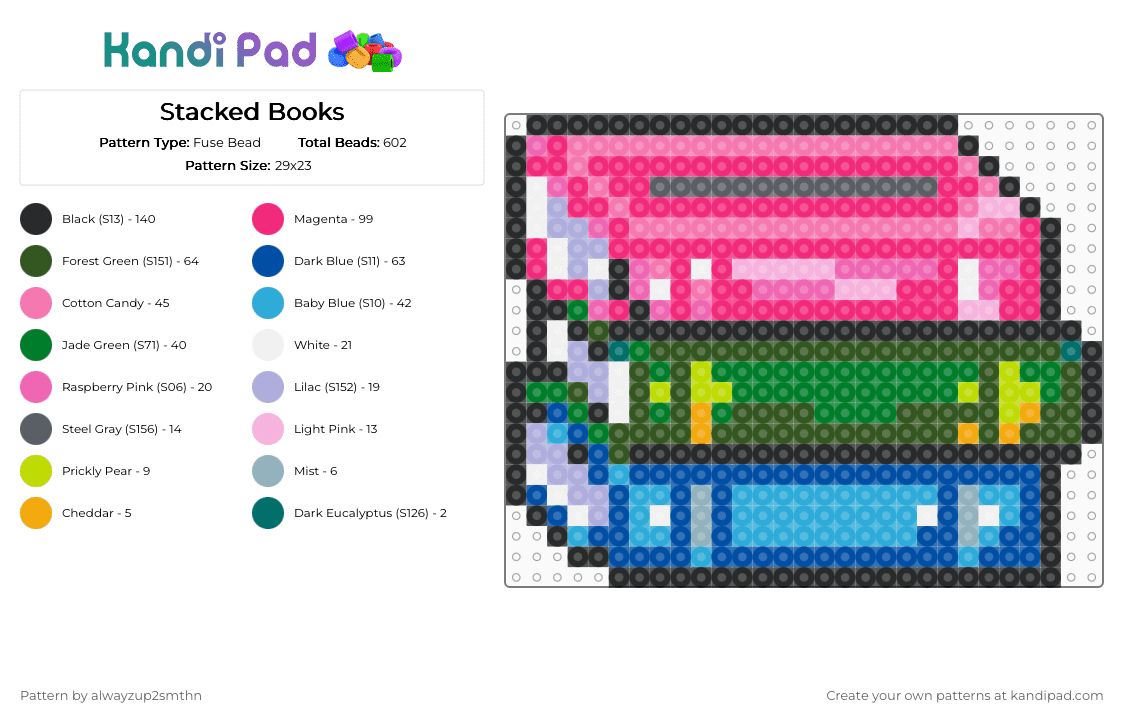 Stacked Books - Fuse Bead Pattern by alwayzup2smthn on Kandi Pad - gold,green,pink,blue,book,books,bookish,reading