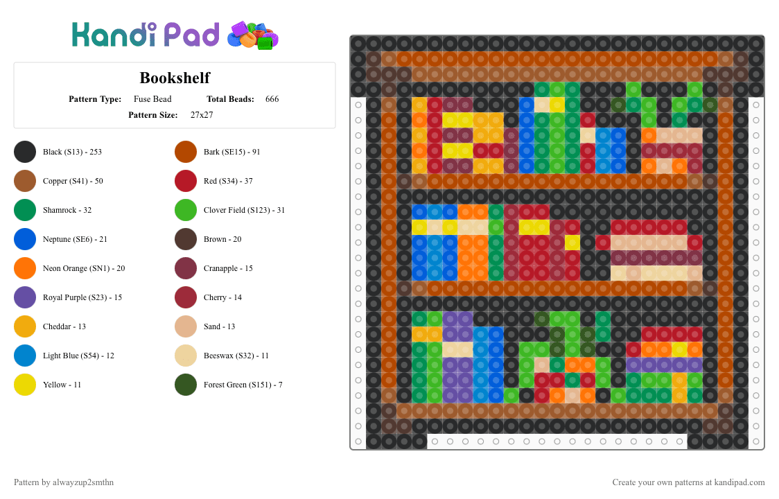 Bookshelf - Fuse Bead Pattern by alwayzup2smthn on Kandi Pad - red,tan,green,book,books,bookshelf,reading