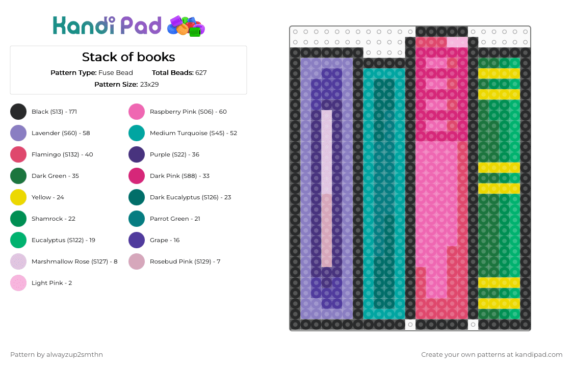 Stack of books - Fuse Bead Pattern by alwayzup2smthn on Kandi Pad - pink,green,teal,book,books,reading