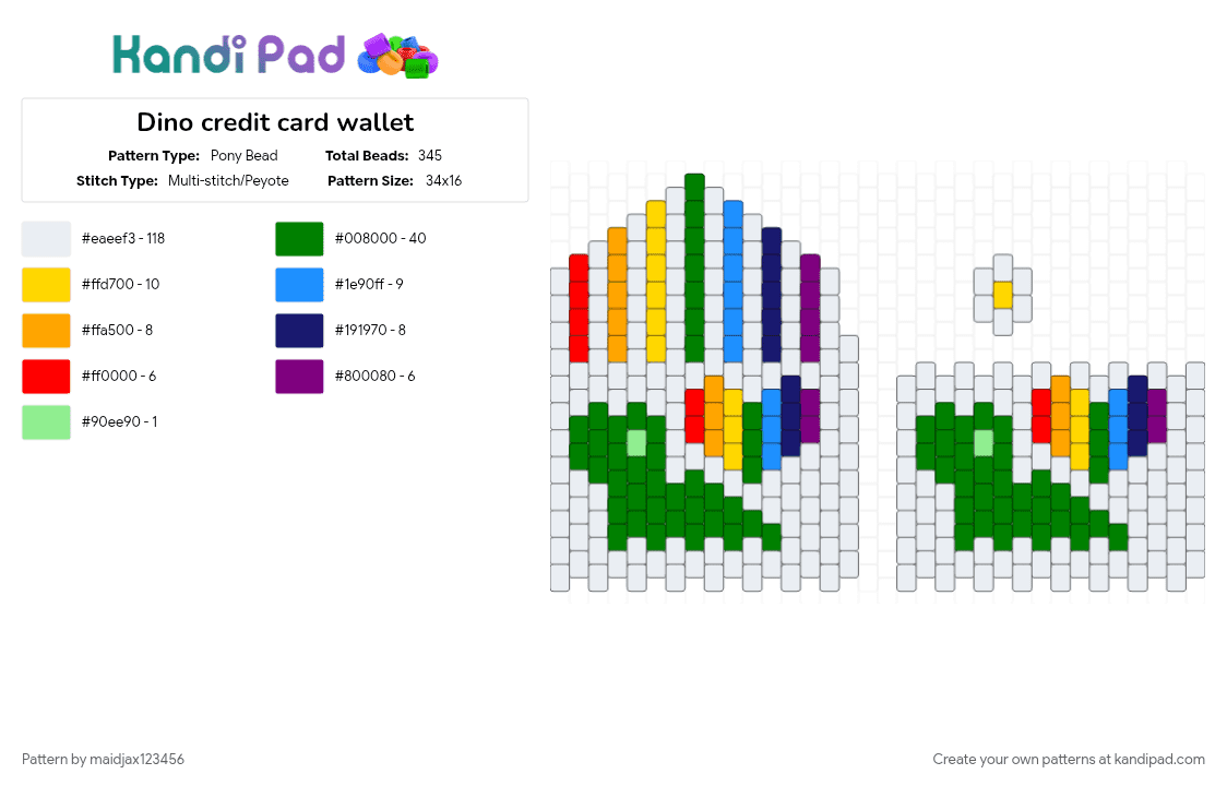 Dino credit card wallet - Pony Bead Pattern by maidjax123456 on Kandi Pad - green, white