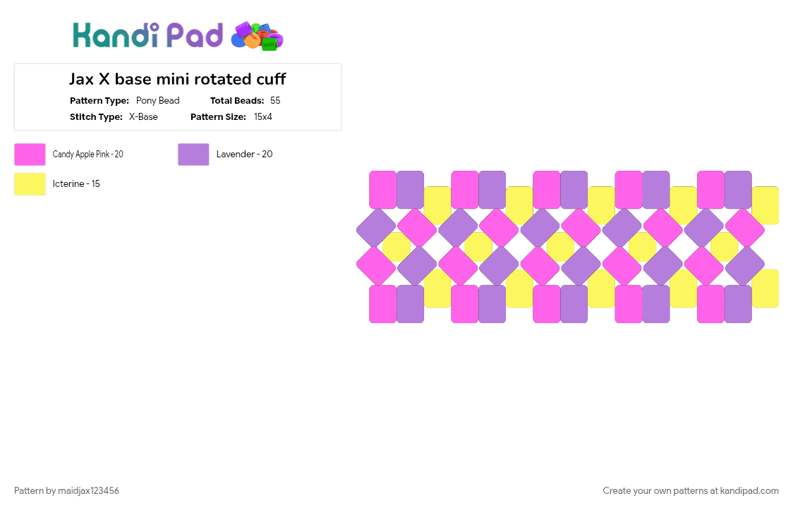 Jax X base mini rotated cuff - Pony Bead Pattern by maidjax123456 on Kandi Pad - pink, yellow