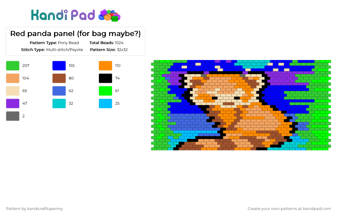 Red panda panel (for bag maybe?) - Pony Bead Pattern by kandicrafttspenny on Kandi Pad - green, orange, purple