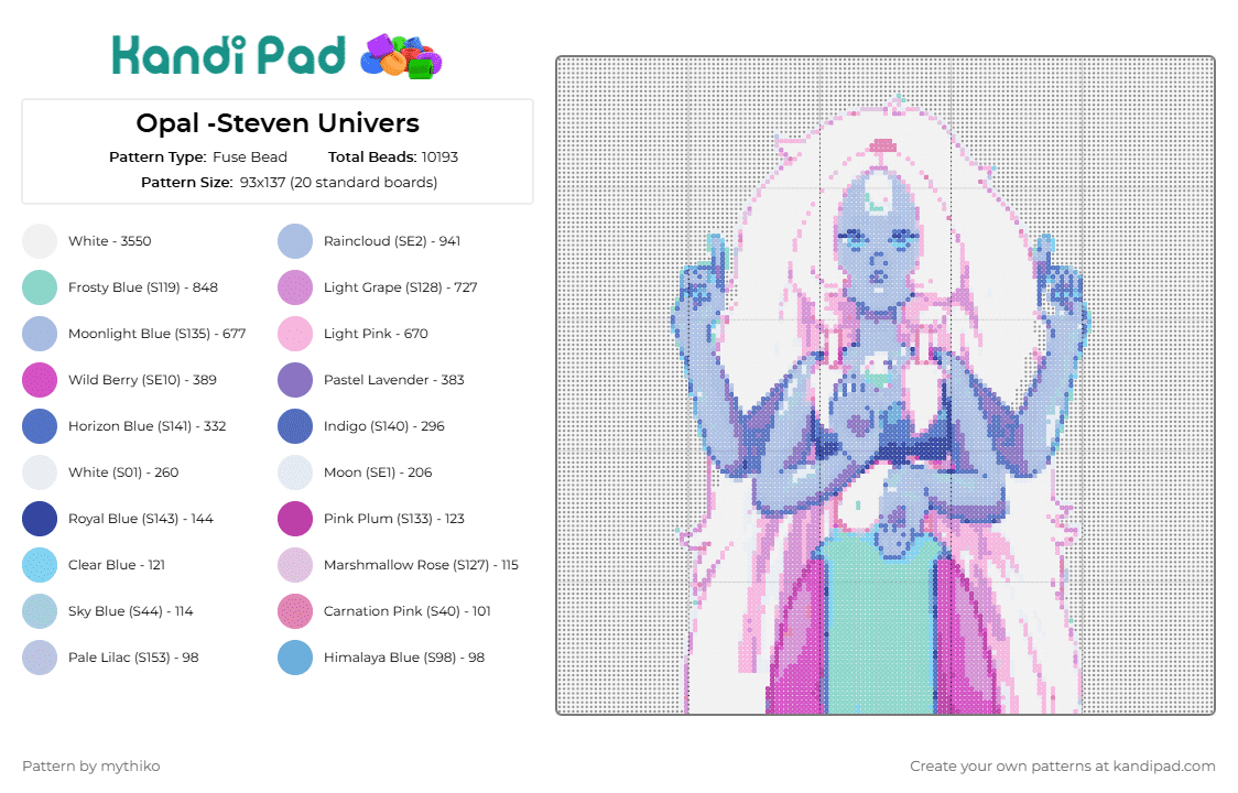 Opal -Steven Univers - Fuse Bead Pattern by mythiko on Kandi Pad - opal,steven universe,fantasy,character,tv show,cartoon,blue,white,pink