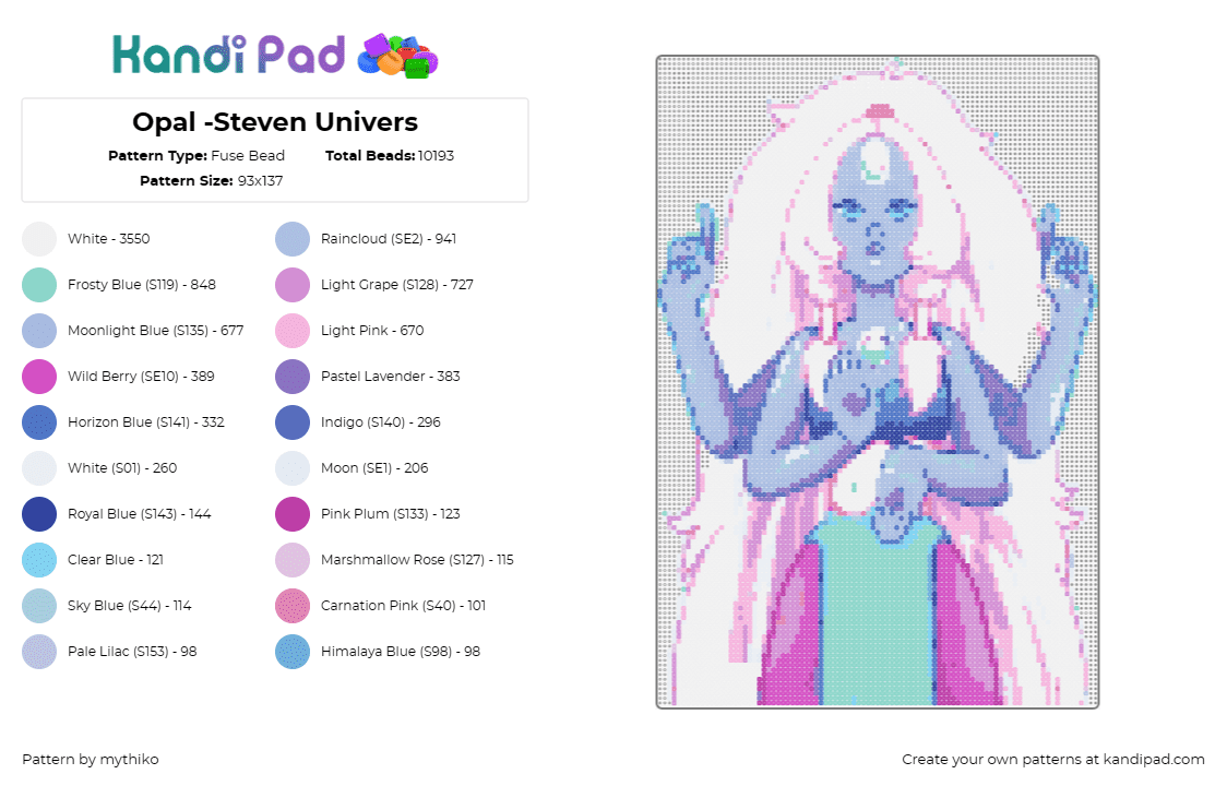 Opal -Steven Univers - Fuse Bead Pattern by mythiko on Kandi Pad - opal,steven universe,fantasy,character,tv show,cartoon,blue,white,pink