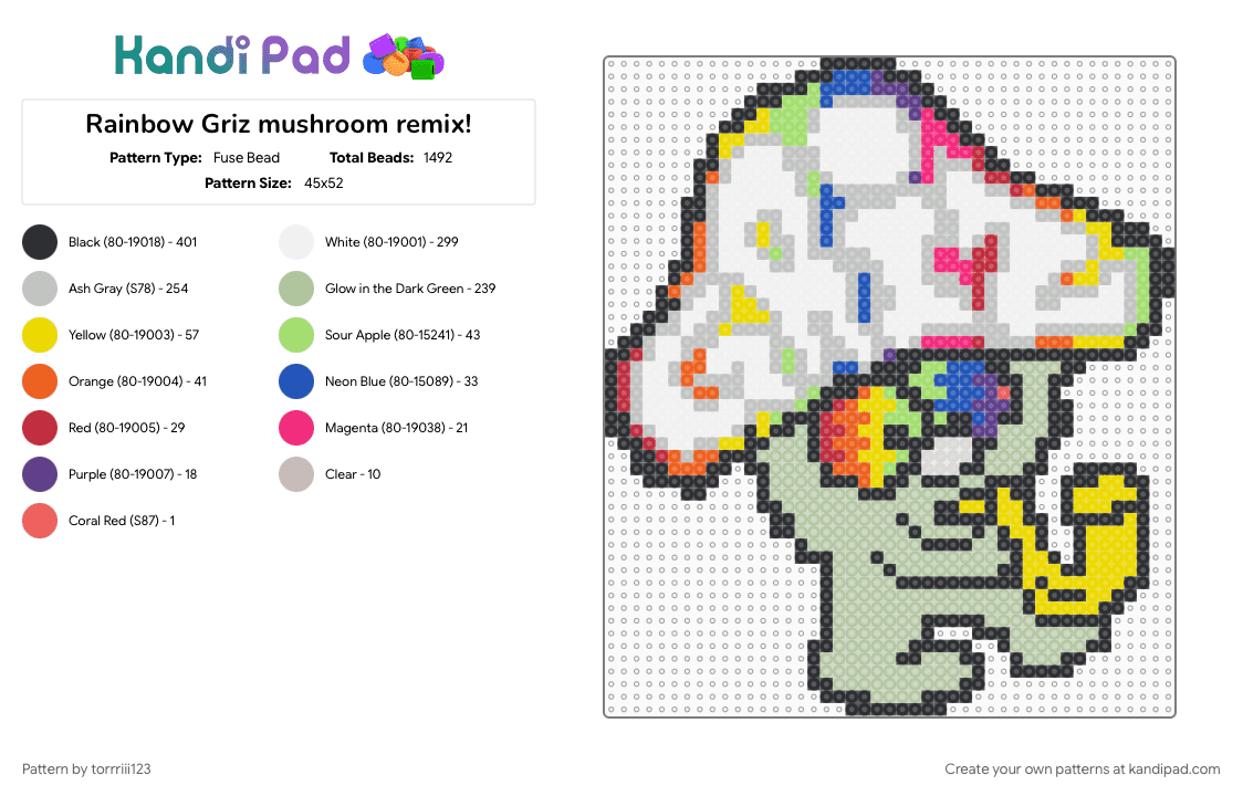 Rainbow Griz mushroom remix! - Fuse Bead Pattern by torrriii123 on Kandi Pad - beige, yellow