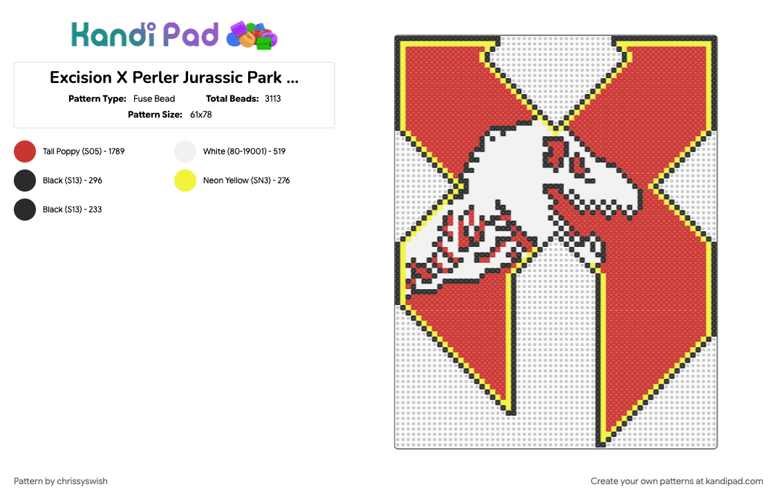 Excision X Perler Jurassic Park Logo - Fuse Bead Pattern by chrissyswish on Kandi Pad - charm, dj, edm, excision, jurassic park, logo, perler, red