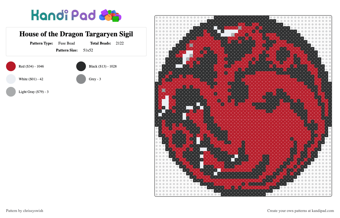 House of the Dragon Targaryen Sigil - Fuse Bead Pattern by chrissyswish on Kandi Pad - red,hotd,house of the dragon,targaryen,targaryen sigil,sigil