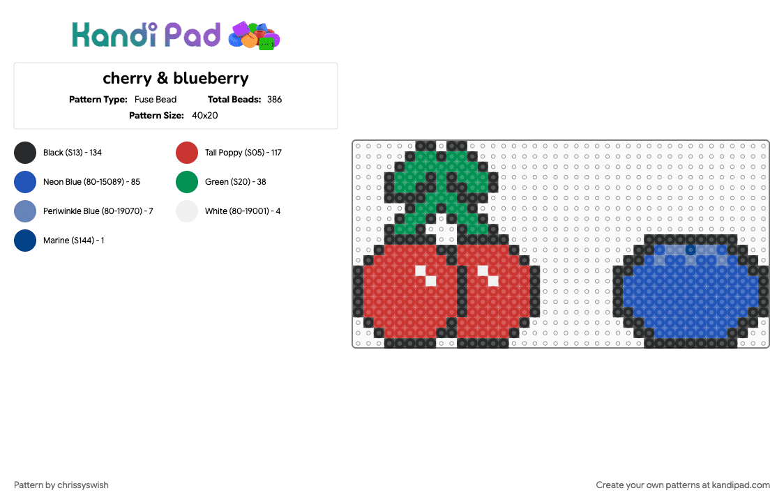 cherry & blueberry - Fuse Bead Pattern by chrissyswish on Kandi Pad - blue, blueberries, blueberry, cherries, cherry, fruit, red, small