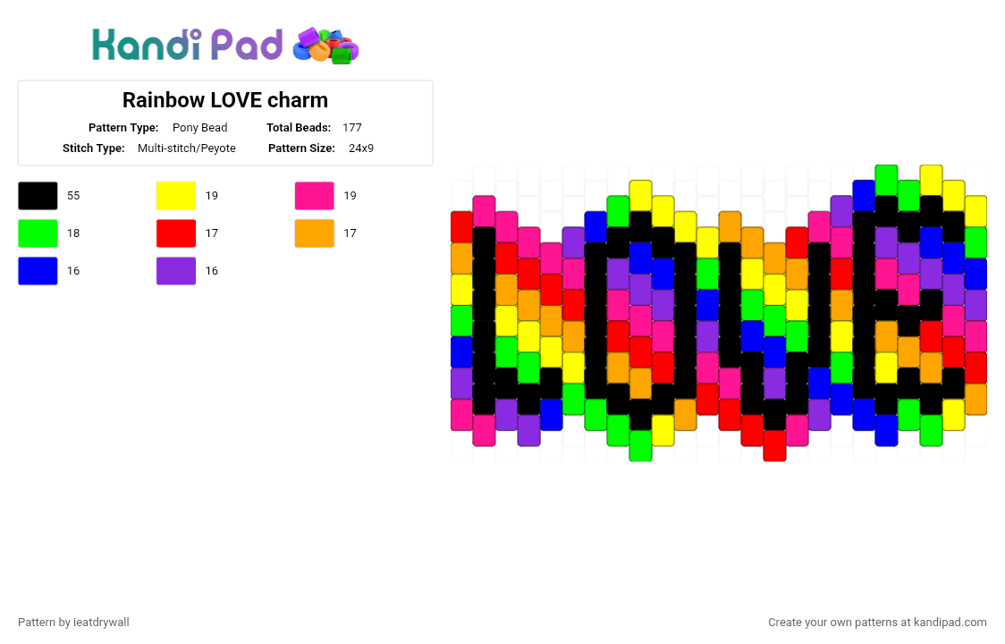 Rainbow LOVE charm - Pony Bead Pattern by ieatdrywall on Kandi Pad - yellow,purple,pink