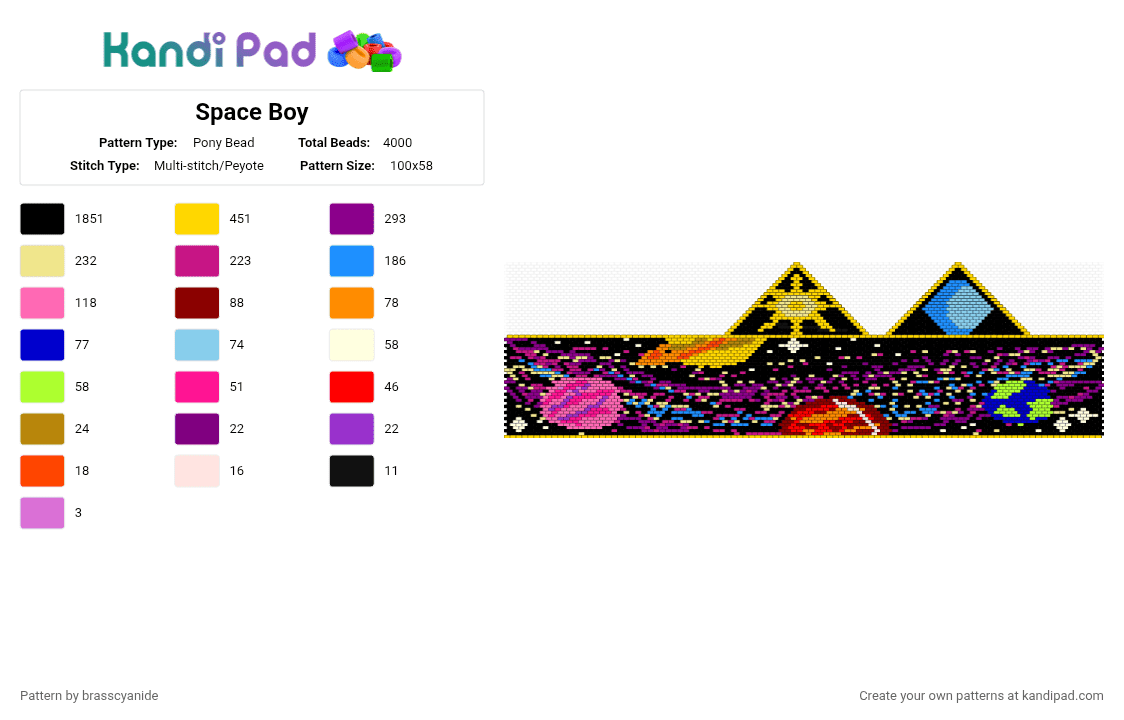 Space Boy - Pony Bead Pattern by brasscyanide on Kandi Pad - black,yellow,light blue,pink,shirt,clothes,space,planets,stars