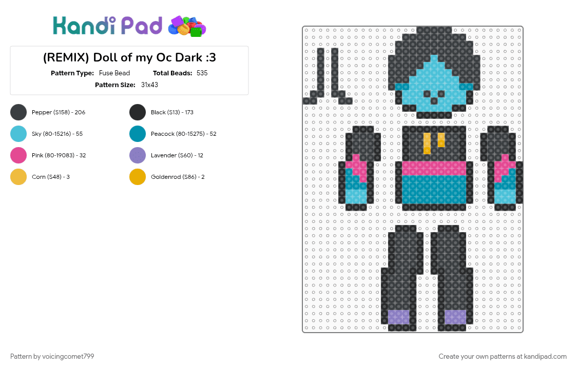 (REMIX) Doll of my Oc Dark :3 - Fuse Bead Pattern by voicingcomet799 on Kandi Pad - black, blue, character, cute, deltarune, light blue, oc, pink, teal