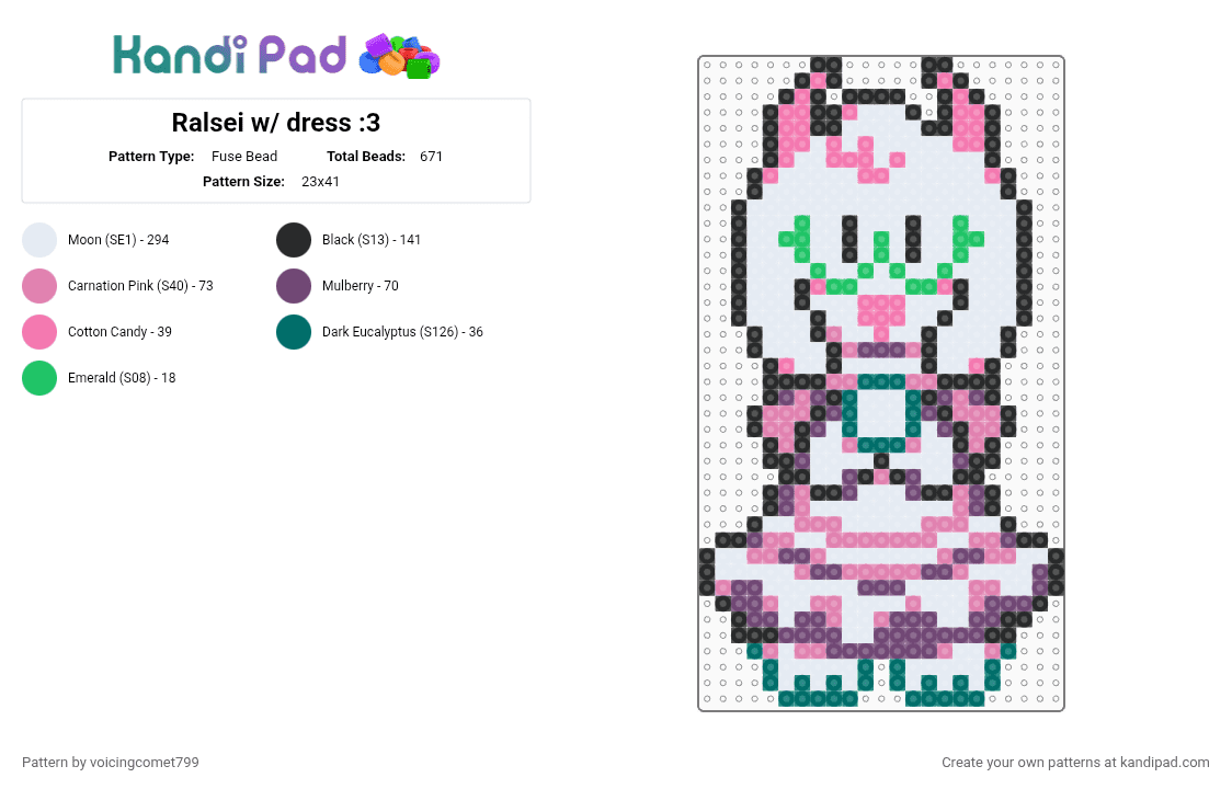 Ralsei w/ dress :3 - Fuse Bead Pattern by voicingcomet799 on Kandi Pad - pink, white