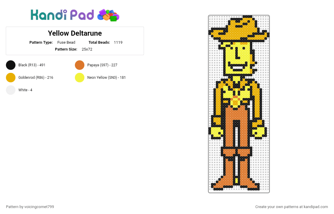 Yellow Deltarune (Updated colors) - Fuse Bead Pattern by voicingcomet799 on Kandi Pad - chapter 5, character, cowboy, deltarune, deltarune chapter 5, orange, toby fox, yellow, yellow deltarune