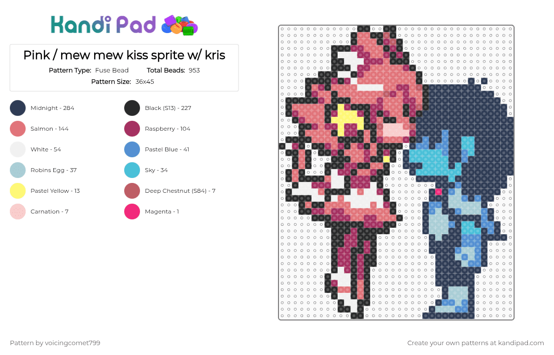 Pink / mew mew kiss sprite w/ kris - Fuse Bead Pattern by voicingcomet799 on Kandi Pad - red,pink,purple,light blue,mew mew,deltarune,cute,mew mew deltarune,kiss