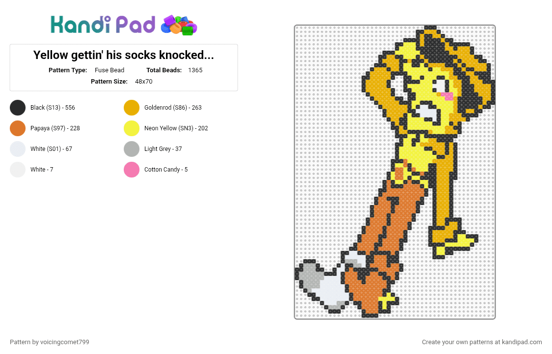 Yellow gettin\' his socks knocked off - Fuse Bead Pattern by voicingcomet799 on Kandi Pad - ch5, chapter 5, cowboy, deltarune, goofy, orange, socks, yellow, yellow deltarune, yellow flower deltarune