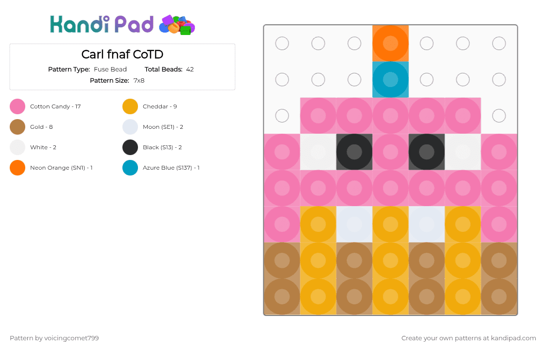 Carl fnaf CoTD - Fuse Bead Pattern by voicingcomet799 on Kandi Pad - charm, chica, cotdcupcakes, fnaf, fnaf carl, orange, pink