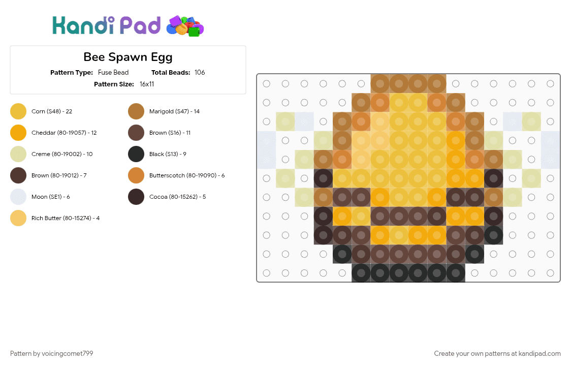 Bee Spawn Egg - Fuse Bead Pattern by voicingcomet799 on Kandi Pad - bee, brown, bumble bee, minecraft, mob, spawn egg, wings, yellow