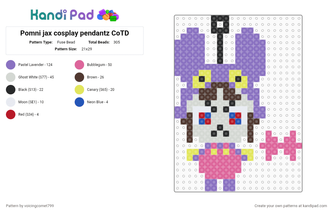 Pomni jax cosplay pendantz CoTD - Fuse Bead Pattern by voicingcomet799 on Kandi Pad - blue, cotdcosplay, cute, jax, mad, pendantz, pink, pomni, purple, tadc