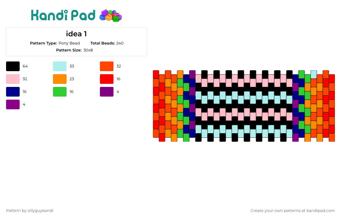 idea 1 - Pony Bead Pattern by sillyguykandi on Kandi Pad - fiery,colorful,pastel,cuff,orange,light blue,pink