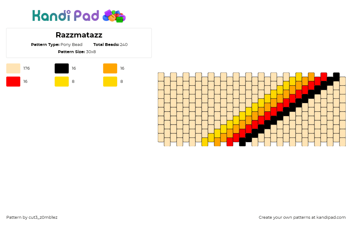 Razzmatazz - Pony Bead Pattern by cut3_z0mb1ez on Kandi Pad - retro,diagonal,stripe,fiery,classic,simple,minimal,cuff,yellow,orange,beige