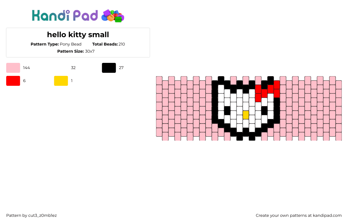 hello kitty small - Pony Bead Pattern by cut3_z0mb1ez on Kandi Pad - hello kitty,sanrio,kawaii,cuff,pink,white