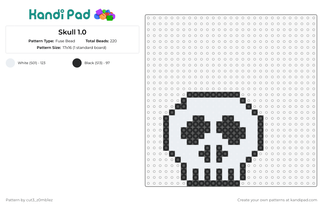 Skull 1.0 - Fuse Bead Pattern by cut3_z0mb1ez on Kandi Pad - skull,skeleton,spooky,halloween,bones,white,black