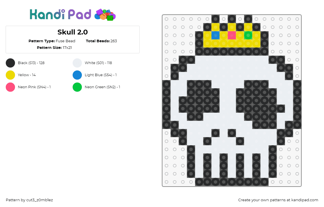 Skull 2.0 - Fuse Bead Pattern by cut3_z0mb1ez on Kandi Pad - skull,crown,skeleton,spooky,halloween,royalty,white,gold