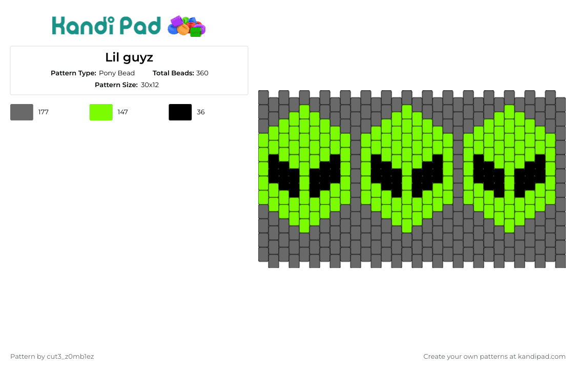 Lil guyz - Pony Bead Pattern by cut3_z0mb1ez on Kandi Pad - aliens,extraterrestrial,space,repeating,cuff,green,gray