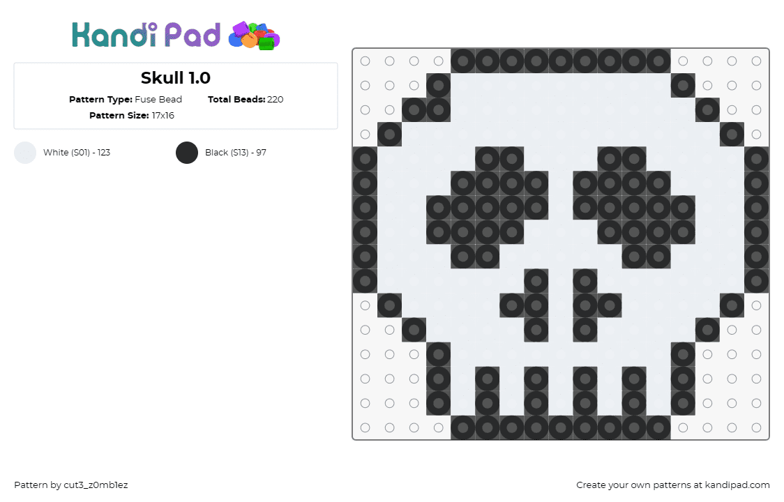 Skull 1.0 - Fuse Bead Pattern by cut3_z0mb1ez on Kandi Pad - skull,skeleton,spooky,halloween,bones,white,black