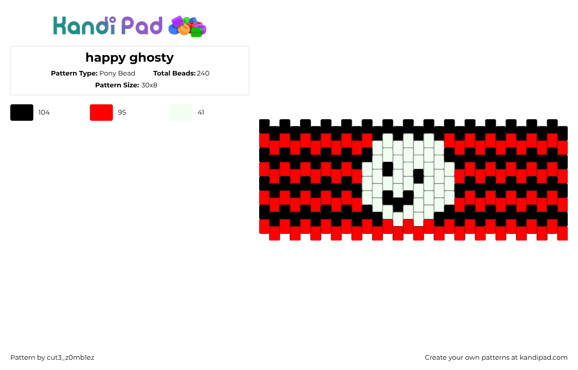 happy ghosty - Pony Bead Pattern by cut3_z0mb1ez on Kandi Pad - smiley,horizontal,stripes,cuff,black,red