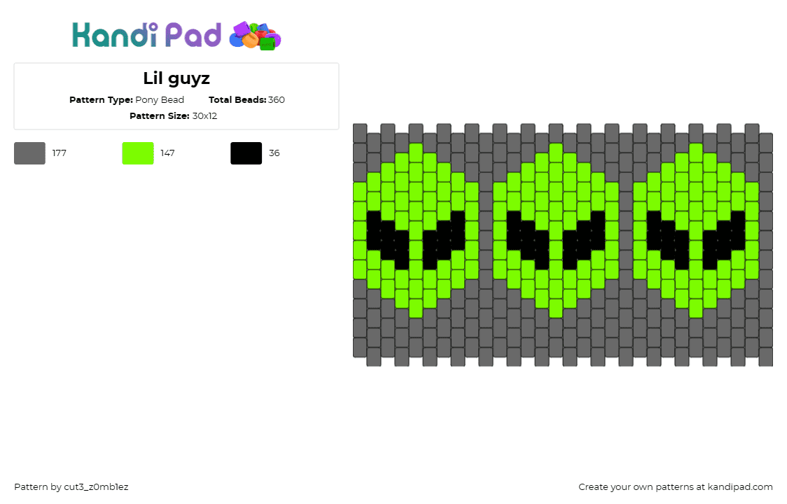 Lil guyz - Pony Bead Pattern by cut3_z0mb1ez on Kandi Pad - aliens,extraterrestrial,space,repeating,cuff,green,gray