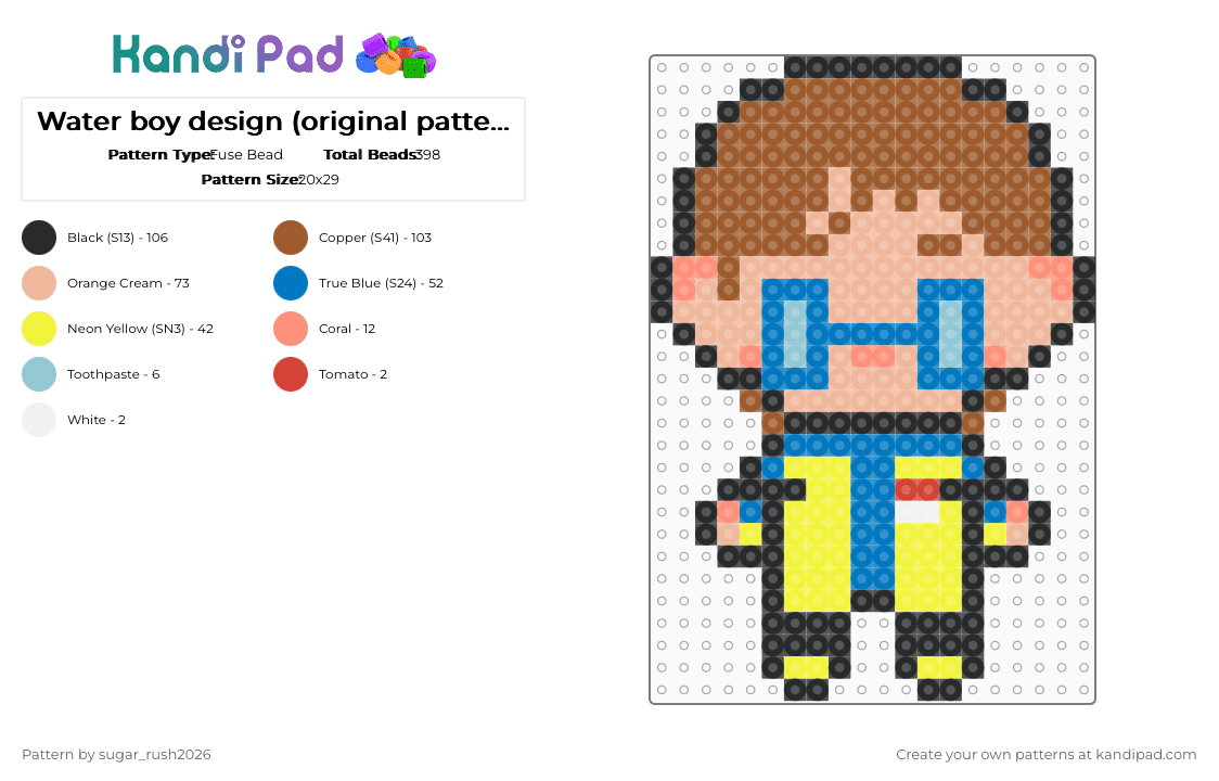Water boy design (original pattern by lindropgumm on Pinterest) - Fuse Bead Pattern by sugar_rush2026 on Kandi Pad - blue,yellow,beige,tan,dispatch,waterboy,water boy,videogame