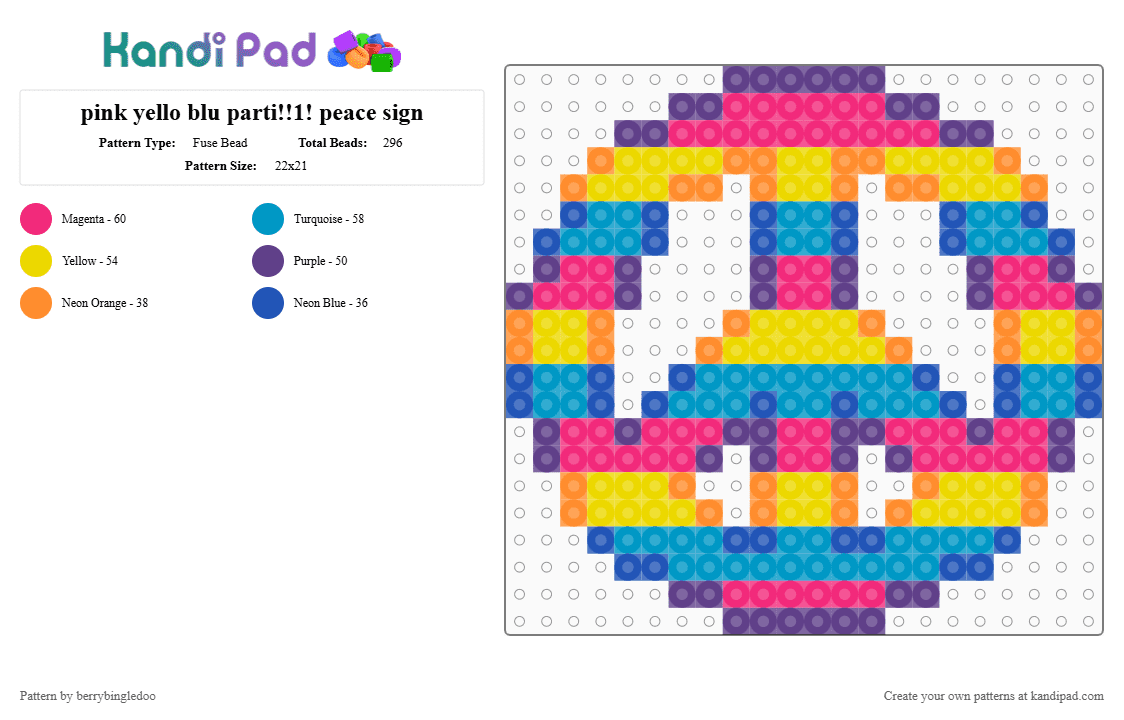 pink yello blu parti!!1! peace sign - Fuse Bead Pattern by berrybingledoo on Kandi Pad - purple,light blue,yellow,pink
