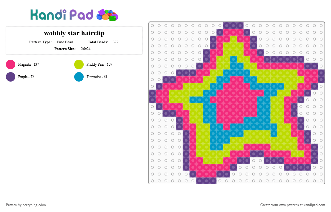 wobbly star hairclip - Fuse Bead Pattern by berrybingledoo on Kandi Pad - pink,green